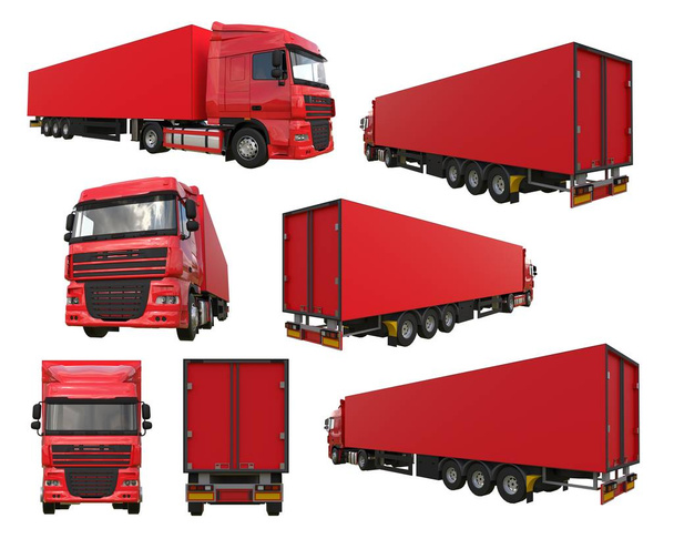 Установите большой красный грузовик с полуприцепом. Шаблон для размещения графики. 3d-рендеринг
. - Фото, изображение