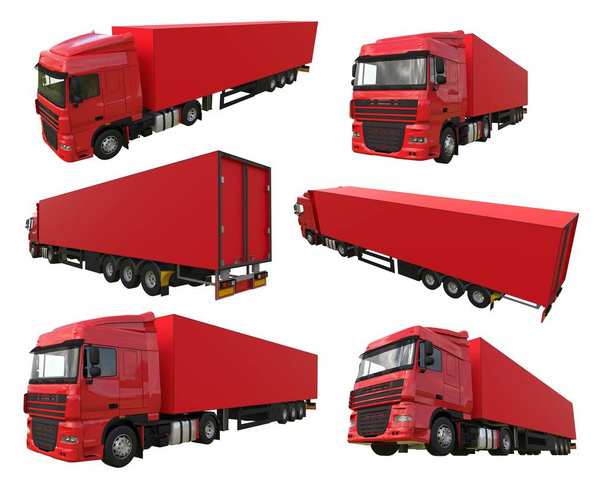 Για να ορίσετε μεγάλο κόκκινο φορτηγό με ένα ημι-ρυμουλκούμενο. Πρότυπο για την τοποθέτηση των γραφικών. 3D rendering. - Φωτογραφία, εικόνα