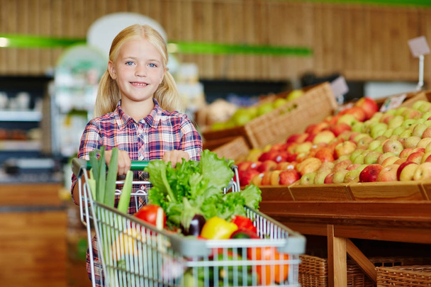 Cute little shopper with cart full of organic products looking at camera - Foto, immagini