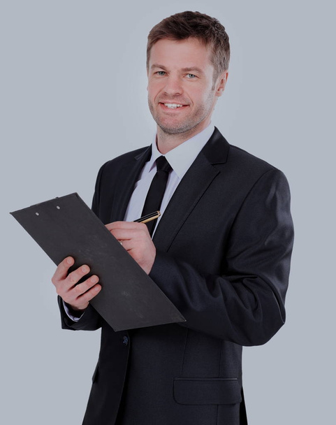 Portrait of happy smiling business man with brown folder - Foto, afbeelding