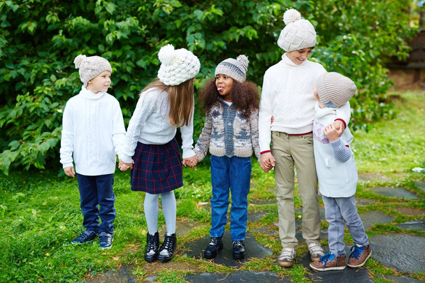 Ryhmä lapsia leikkii ystävien kanssa ulkona vihreässä puistossa, yllään samanlaiset neulevaatteet syyspäivänä
 - Valokuva, kuva
