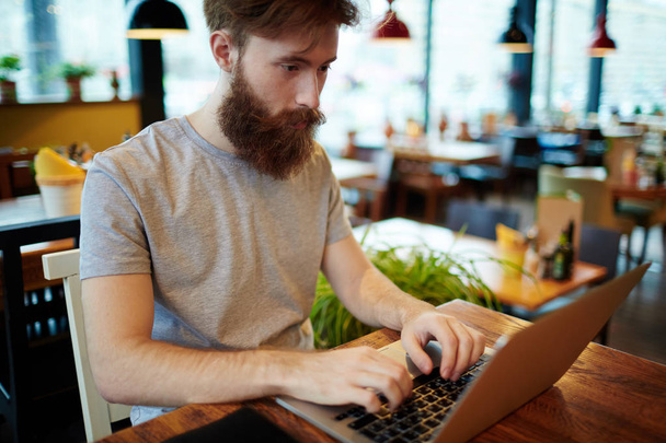 Knappe bebaarde financiële manager zitten in mooie kleine koffiehuis en voorbereiding van de jaarrekening op laptop, taille-staand - Foto, afbeelding