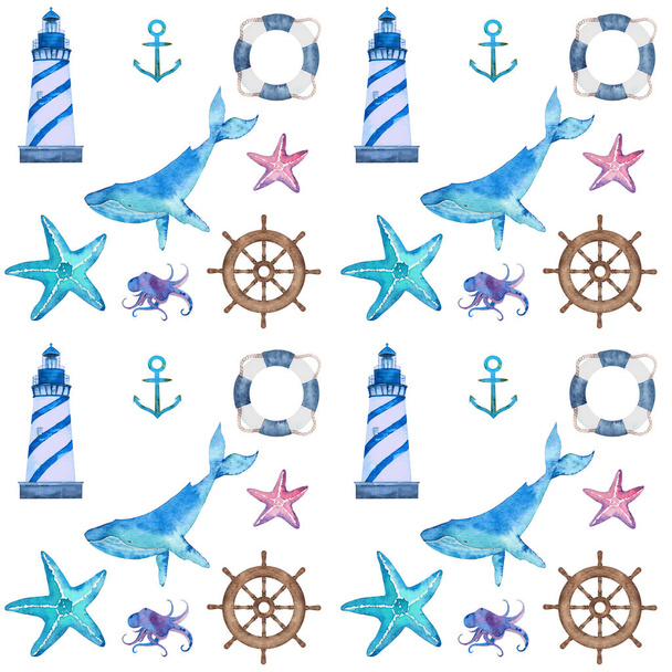 watercolor nautical pattern with whale and lighthouse - Photo, Image