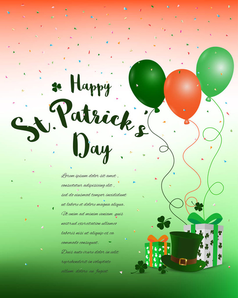 Happy St Patrick's Day, hediye kutusu, balon, konfeti ve metin için yer ile renkli arka plan - Vektör, Görsel