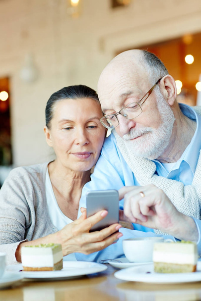 Affectionate seniors with smartphone searching in the net - Zdjęcie, obraz
