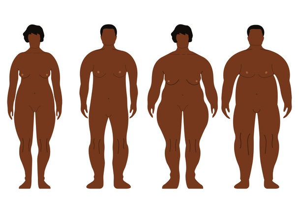 Tlustý afrických mužů a žen. Kreslený film, styl osnovy. Přední strana lidskou siluetu. Izolované na bílém pozadí. Vektorové ilustrace - Vektor, obrázek
