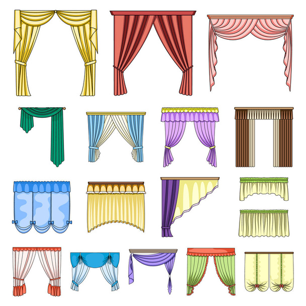 Different kinds of curtains cartoon icons in set collection for design. Curtains and lambrequins vector symbol stock web illustration. - Vector, imagen