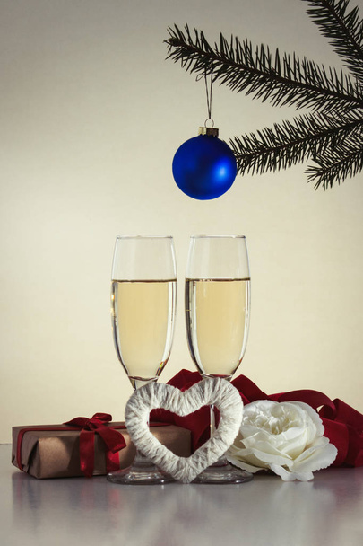 Christmas concept with glasses of champagne, Christmas toys - Φωτογραφία, εικόνα