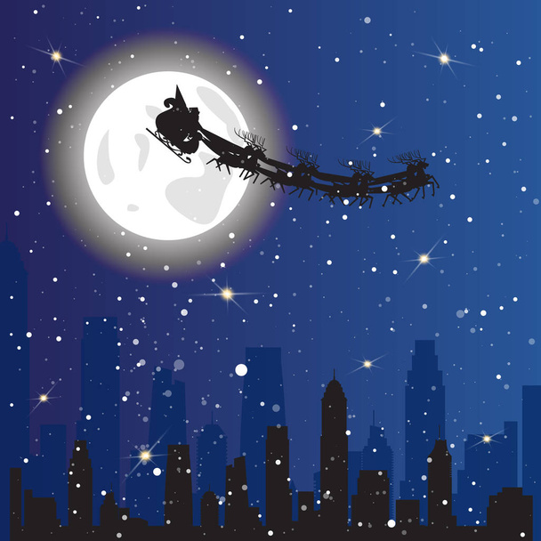 Kızak gökyüzü uçan üzerinde gece şehir arka plan Noel tatil kavramı içinde sürüş Santa - Vektör, Görsel