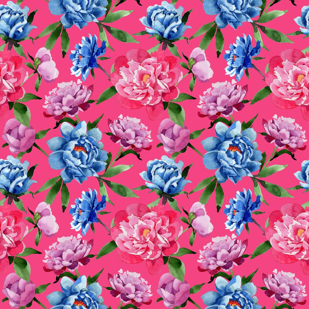 水彩風のワイルドフラワー ピンクの牡丹の花のパターン. - 写真・画像