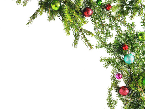 frame from fir branches with Christmas decoration balls - Fotoğraf, Görsel