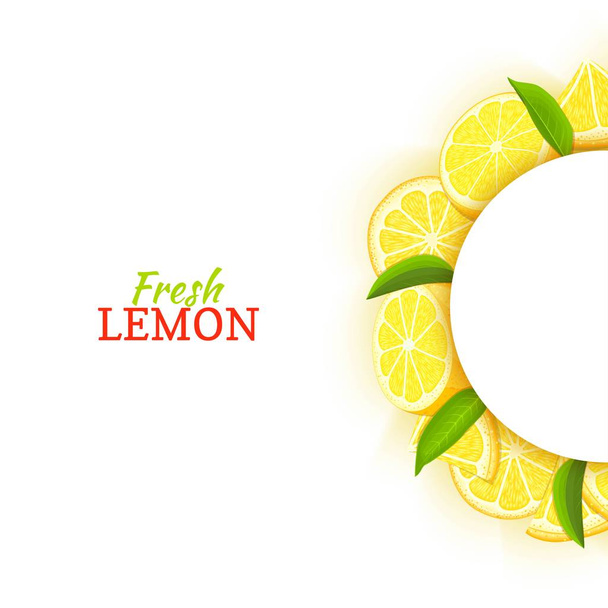 Semicircle white frame composed of delicious tropical lemon. Vector card illustration. Yellow lime citrus half-round frame for design of food packaging juice breakfast cosmetics tea detox diet - Vector, Image