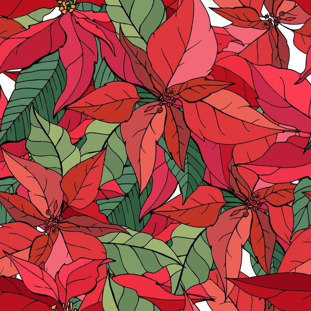 Seamless pattern with traditional homeplant poinsettia. Endless texture with flower used indoor. - Vektor, kép