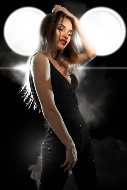 Vertical portrait of cheerful glamour lady with red lips  - Foto, afbeelding