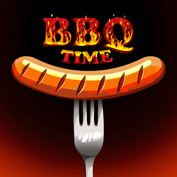 BBQ time - Photorealistic sausage on a fork. - Vector, afbeelding
