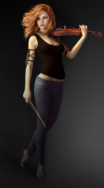 CGI Illustration of Beautiful Female Violin Player with Red Hair - Fotoğraf, Görsel