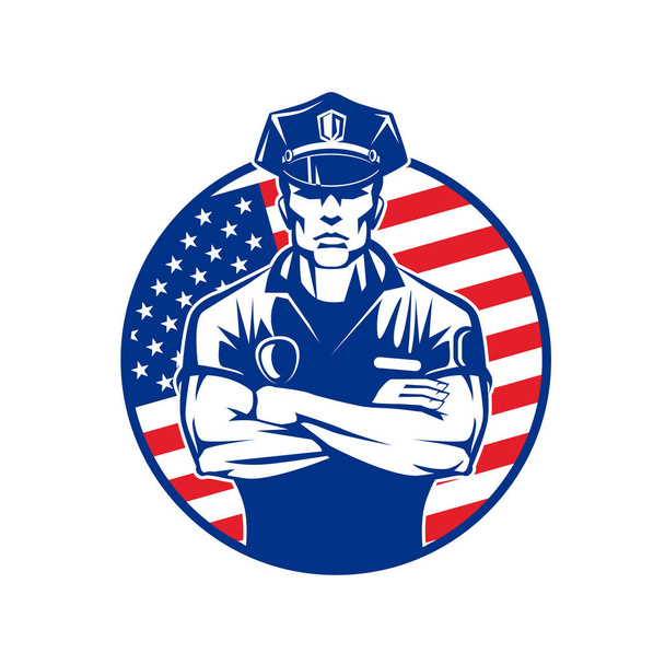 policial de uniforme, vestindo um boné no fundo da bandeira dos EUA em um círculo
 - Vetor, Imagem
