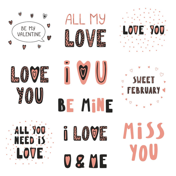 Colección de citas tipográficas sobre el amor con corazones para el día de San Valentín tarjetas de letras románticas
  - Vector, imagen