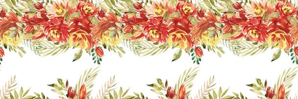 Isolated seamless border with red flowers, leaves. Vintage watercolor floral pattern. Bright color. Seamless floral rim, band for cards, wedding or fabric. - Photo, Image