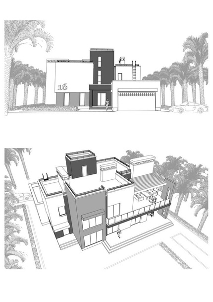 3D skica moderní soukromé budovy s terasou, obklopený palmami, různé úhly pohledu. Ilustrace - Fotografie, Obrázek