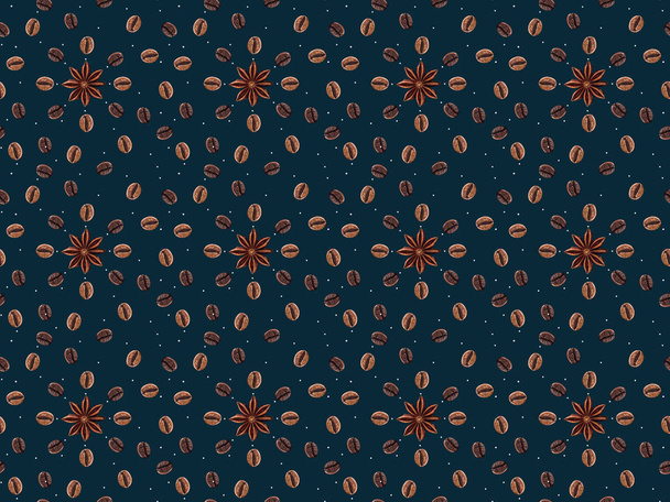padrão sem costura com grãos de café e anis estrelas isoladas em fundo azul escuro
  - Foto, Imagem
