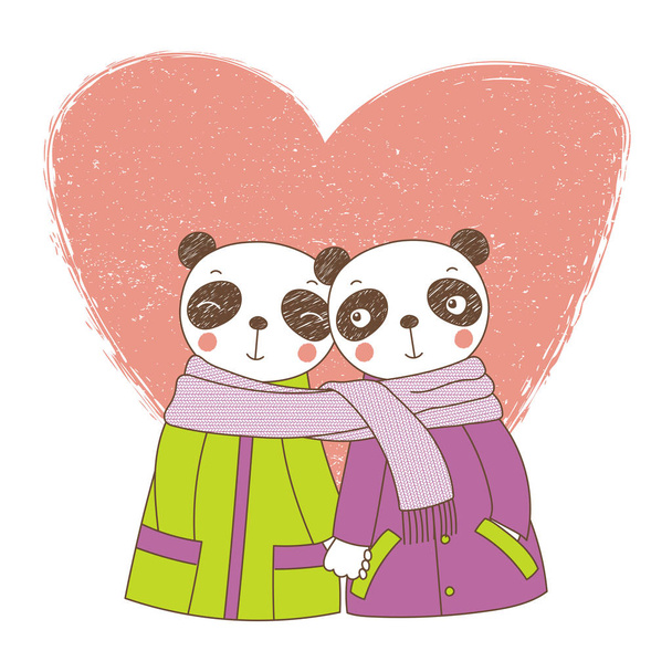 Kézzel rajzolt vektoros illusztráció pár aranyos vicces Panda kabátban kézenfogva és csomagolják a sálat, Valentin-nap-koncepció   - Vektor, kép