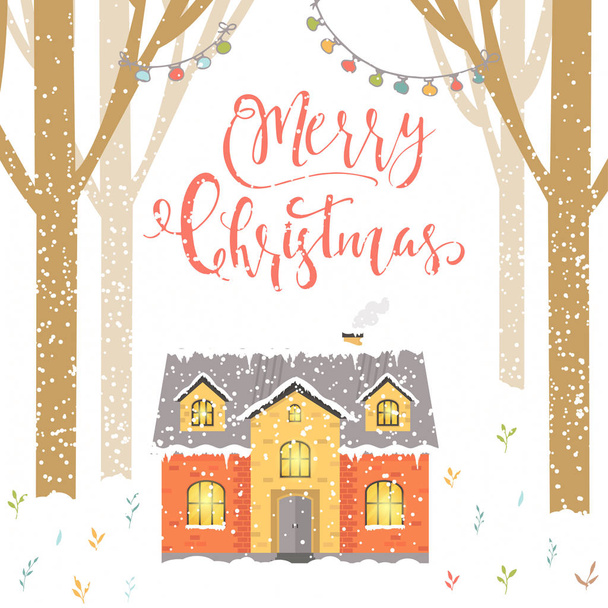 Vánoční pozadí s zimní dům a les, nápisy a bílá šumivá sněhové vločky. Perfektní vánoční obrázek s útulný dům, chata, krajina se stromy, prostor pro text. Šablona pro dekorace, blahopřání, pozvánky. - Vektor, obrázek
