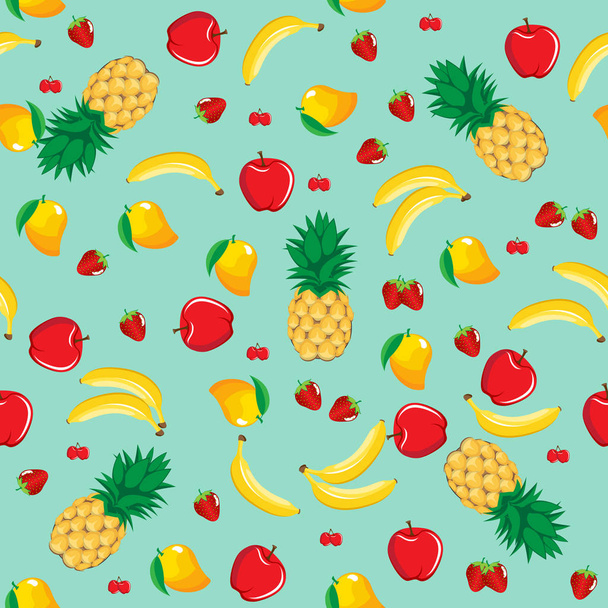 mango pineapple apple strawberry banana cherry mix fruits seamless pattern on green background. Available in high-resolution jpeg in several sizes & editable eps file, can be used for wallpaper, pattern, web, surface, textures, graphic & printing - Vector, Image