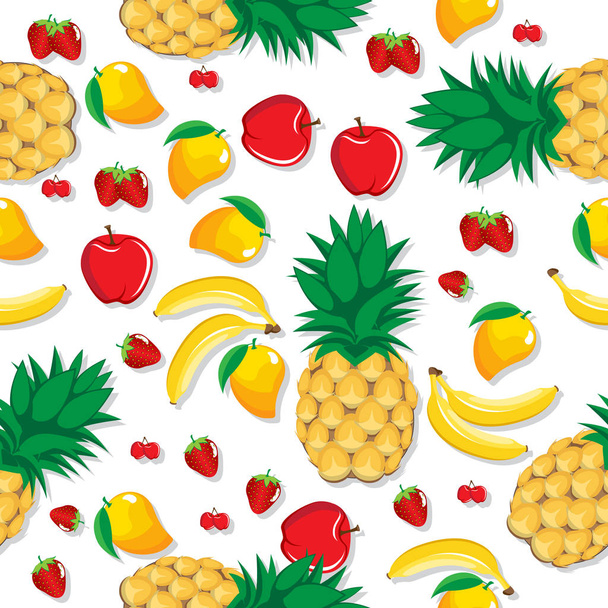 Mango Ananas Apfel Erdbeere Banane Kirschmischung Früchte nahtlose Muster auf weißem Hintergrund. Erhältlich in hochauflösender JPEG-Datei in verschiedenen Größen & editierbarer eps-Datei, kann für Tapeten, Muster, Web, Oberfläche, Texturen, Grafik & Druck verwendet werden - Vektor, Bild