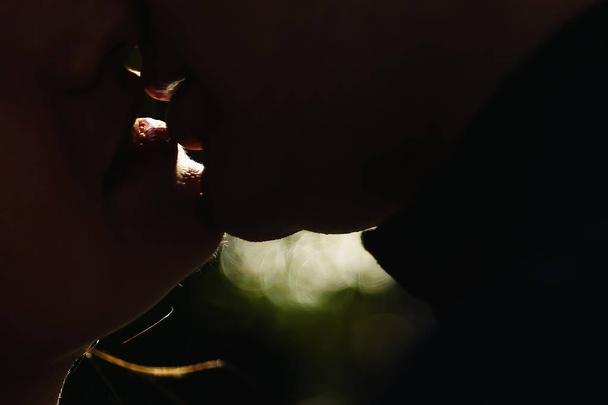 Guy and girl kiss large lips lips silhouettes. The guy is kissing the girl. - Fotografie, Obrázek