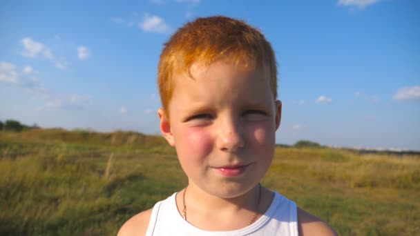 Πορτραίτο του μικρά κόκκινα μαλλιά αγόρι με φακίδες χαμογελώντας εξωτερική. Αξιολάτρευτο παιδί ψάχνει σε κάμερα με χαρούμενο χαμόγελο. Έννοια ευτυχισμένη παιδική ηλικία. Εσωτερικη αργή κίνηση - Πλάνα, βίντεο