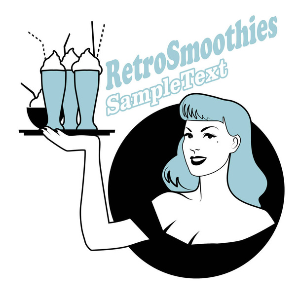 Retro embleem van pinup meisje met een dienblad met smoothies, ijs of bevroren yoghurt - Vector, afbeelding