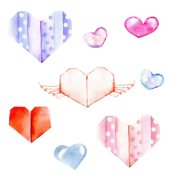 Aquarell Herzen Illustrationen Set, handbemalt isoliert auf weißem Hintergrund, für Valentinstag Grußkarte, Hochzeitskarte, romantische Drucke - Foto, Bild