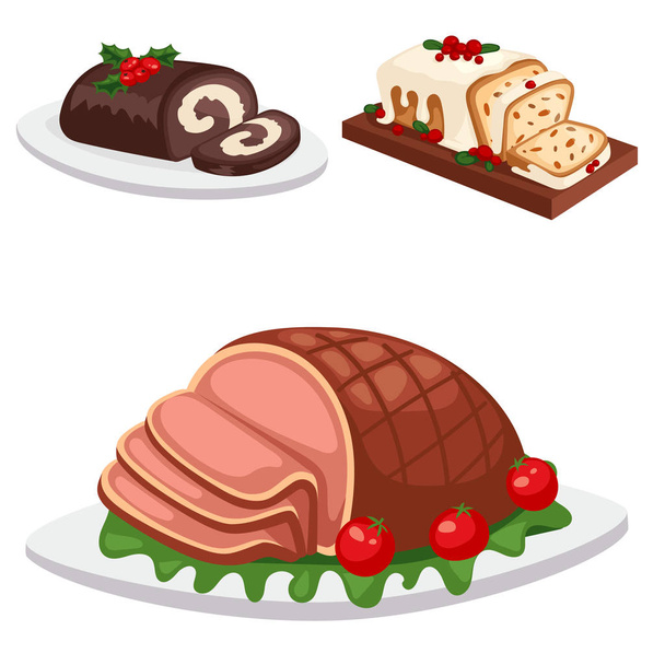 Christmas food and desserts holiday decoration xmas sweet celebration vector traditional festive winter cake homemade dish. - Vector, Image