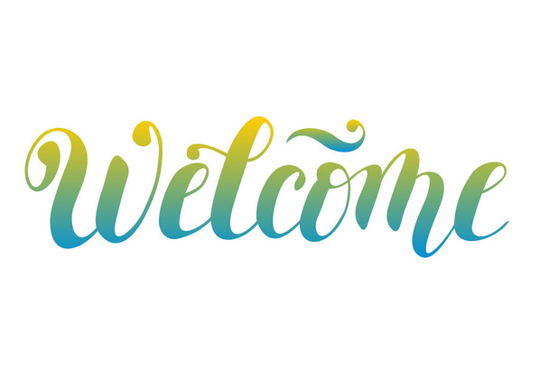 Handwritten modern calligraphy lettering of Welcome with gradient blue and yellow letters on white background - Vector, Image