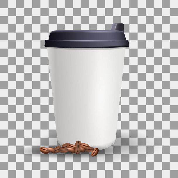 Реалистичный чистый и простой бумажный стаканчик макет с кофейными зёрнами
. - Вектор,изображение