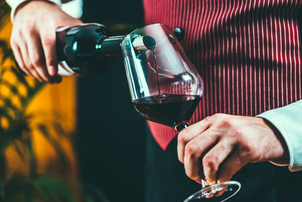 sommelier gieten rode wijn uit fles - Foto, afbeelding