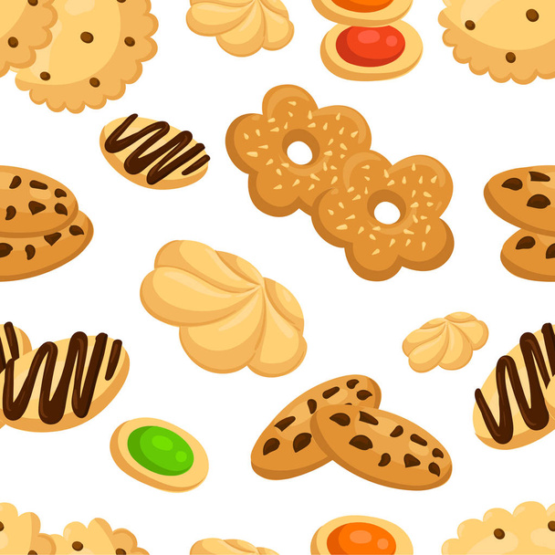 nahtloses Muster mit verschiedenen Cookies im Cartoon-Stil Vektor-Illustration auf weißem Hintergrund Website-Seite und mobile App-Design. - Vektor, Bild