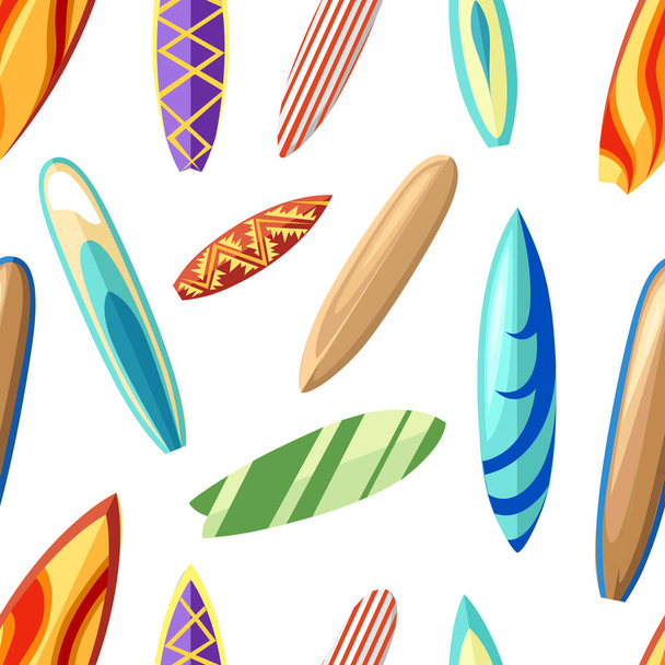 Modello senza soluzione di continuità con diverse tavole da surf colorate stile cartone animato vettoriale illustrazione sulla pagina del sito web di sfondo bianco e design app mobile
. - Vettoriali, immagini