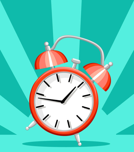 Red alarm clock wake-up time flat style vector illustration isolated on turquoise background website page and mobile app design - Vector, Image