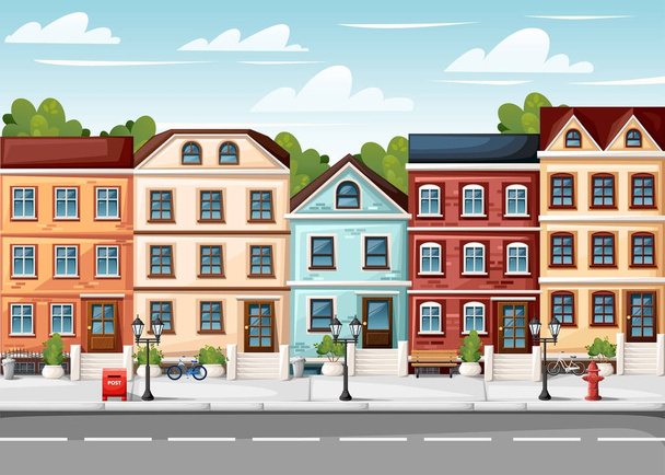 Street with colorful houses fire hydrant lights bench red mailbox and bushes in vases cartoon style vector illustration website page and mobile app design - Vector, Image