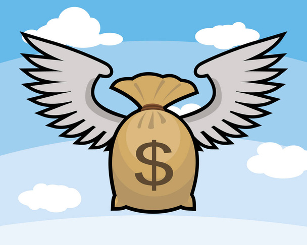 σάκκος με τα χρήματα με το σύμβολο του δολαρίου και φτερά πετούν στον γαλάζιο ουρανό - Διάνυσμα, εικόνα