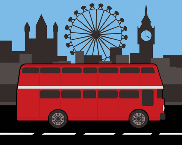 διώροφο λεωφορείο με ορίζοντα του Λονδίνου στο παρασκήνιο - Διάνυσμα, εικόνα