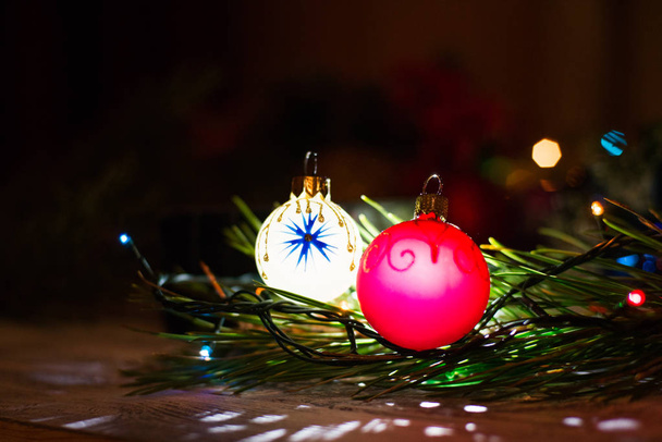 red, white christmas ball on the Christmas tree - Photo, Image