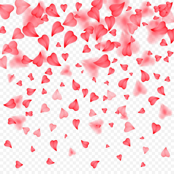 Valentines Day romantic background of red hearts petals falling. Realistic flower petal in shape of heart confetti. Love theme. Wedding item. Decor element for greeting cards or gift packages - Vector, Image