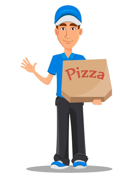 ピザの箱を持って青い制服を着た笑顔の配達人 - ベクター画像