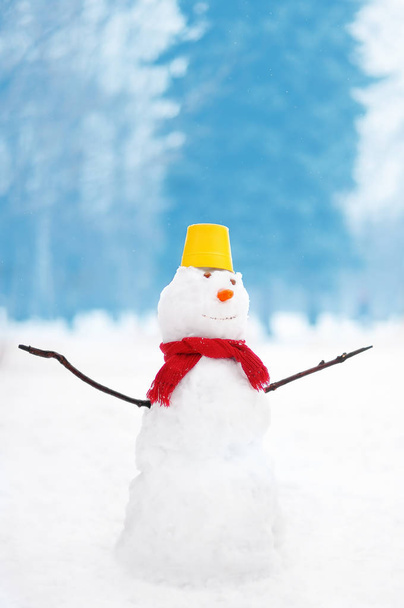 Handmade snowman with scarf, bucket-hat and nose-carrot in snowy park with blue background - 写真・画像