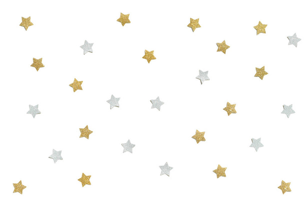 Oro y plata brillo estrella papel cortado sobre fondo blanco
 - Foto, Imagen