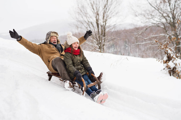 Grandfather and small girl sledging on a winter day. - Foto, immagini