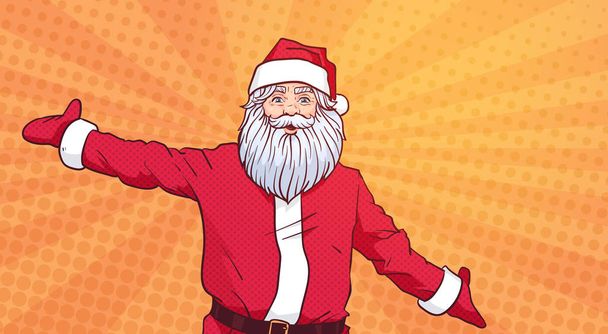 Kerstman op kleurrijke popart komische achtergrond Kerstaffiche ontwerpen - Vector, afbeelding